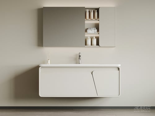 Modern Minimalist Wall Mounted Bathroom Vanity with Mirror Cabinet 3D model