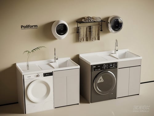 Modern Minimalist Laundry Cabinet with Washing Machine Set 3D model