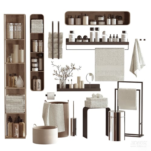 Modern Bathroom Accessories Set with Shelves Towels and Toiletries 3D model