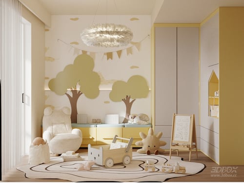 Modern Pastel Kids Playroom with Toys and Soft Furnishings 3D model