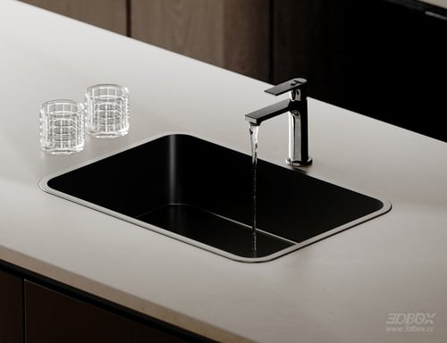 Modern Black Kitchen Sink with Faucet and Glass Cups 3D model