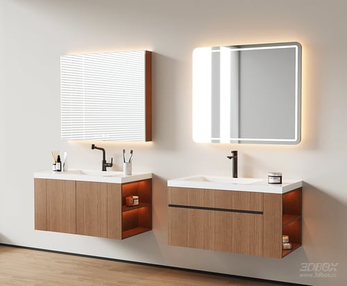 Modern Floating Wooden Bathroom Vanity with LED Mirror 3D model