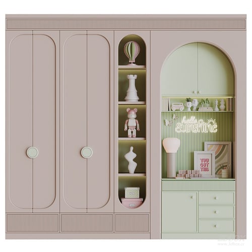 Pastel Children Wardrobe with Display Shelf and Desk 3D model