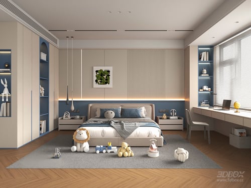 Modern Cream Style Boy Kids Bedroom Interior 3D model