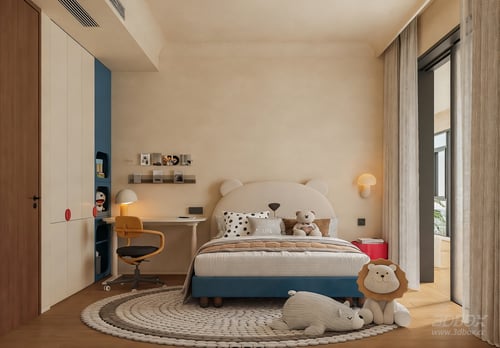 Modern Mid-century Kids Bedroom Interior Scene 3D model
