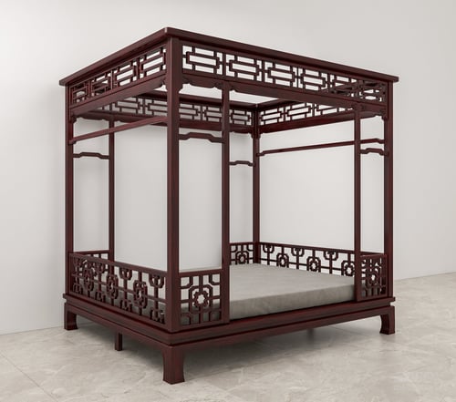 Chinese Style Mahogany Canopy Double Bed 3D model