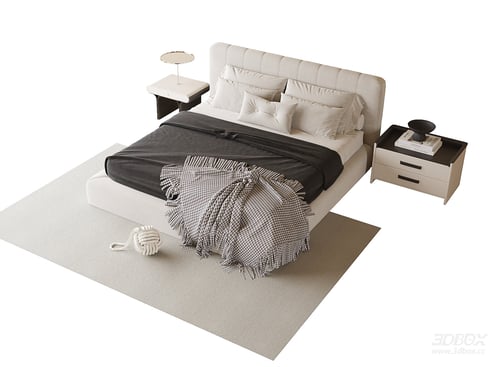 Modern Upholstered Double Bed with Nightstands and Carpet 3D model