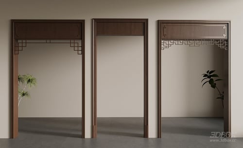 New Chinese Mid-century Style Wooden Door Frame Set 3D model