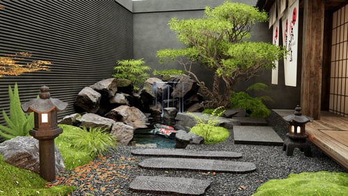 Japanese Zen Courtyard Garden with Koi Pond and Stone Lanterns 3D model