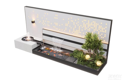 Modern Courtyard Water Feature Wall Koi Pond Landscape Set 3D model