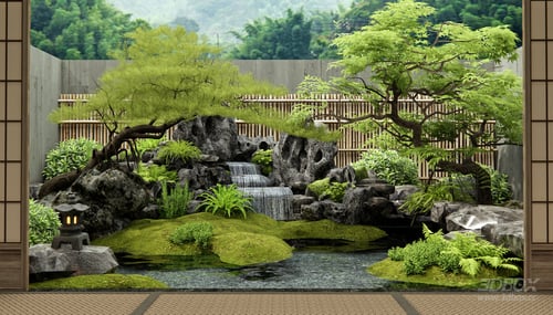 Japanese Zen Garden Landscape with Water Feature and Plants 3D model