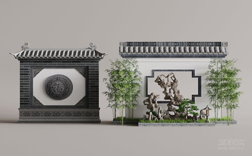 Chinese Traditional Landscape Screen Wall with Taihu Stone Bamboo 3D model