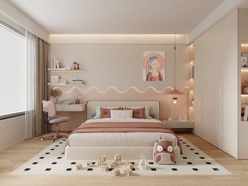 Modern Girl Kid Bedroom with Study Desk and Wardrobe 3D model