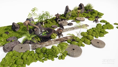 Zen Courtyard Landscape Moss Stone Water Basin Lantern Set 3D model