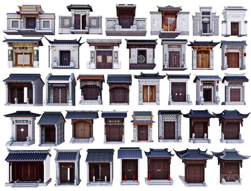 Traditional Chinese Courtyard Gate Facade Set 3D model