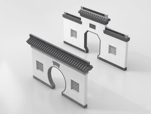 Chinese Traditional Moon Gate Garden Wall Set 3D model
