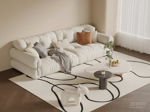 Modern Cream Style Fabric Sofa and Coffee Table Set 3D model