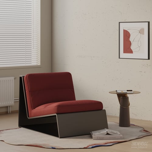 Modern Red Fabric Armchair with Side Table 3D model