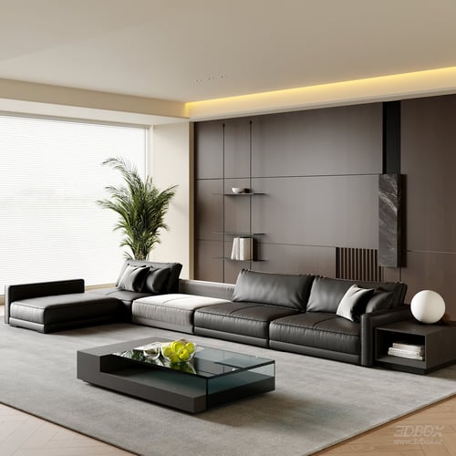 Modern Minimalist Leather Living Room Interior Scene 3D model