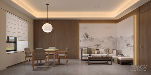New Chinese Style Tea Room Interior with Leisure Furniture 3D model