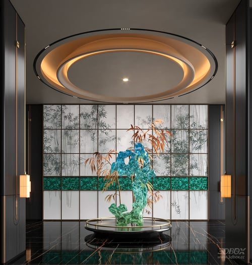 New Chinese Style Hotel Lobby With Glass Art Installation 3D model