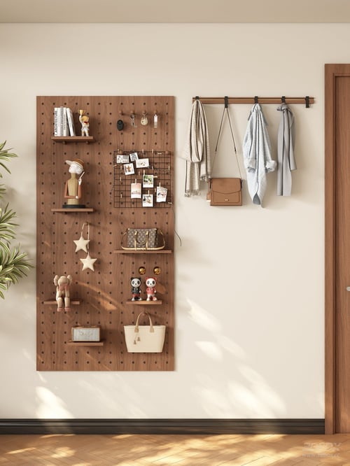 Mid Century Modern Wooden Pegboard Wall Mounted Storage Rack 3D model