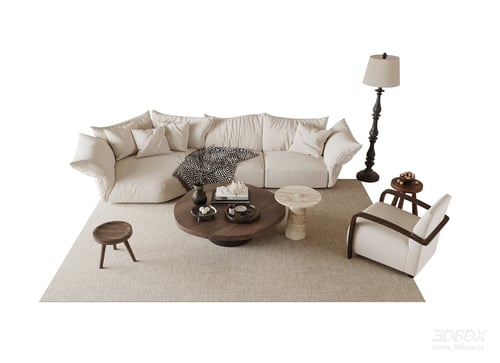 Modern French Style Fabric Sofa Set with Coffee Tables 3D model