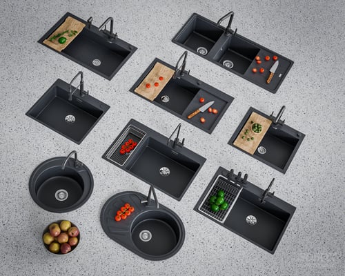 Modern Black Quartz Kitchen Sink Set with Faucets 3D model