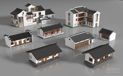 New Chinese Style Rural Homestay Residence Building Set 3D model