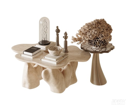 Cream Mid Century Modern Travertine Coffee Table Set 3D model
