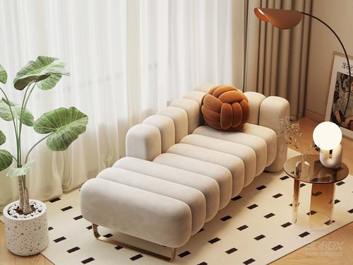 Cream Style Velvet Chaise Lounge Sofa Set 3D model