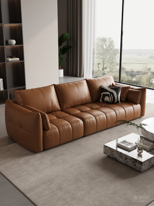 Mid Century Retro Brown Leather Sofa Set with Marble Coffee Table 3D model