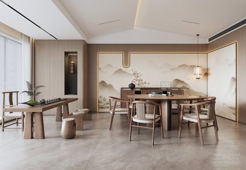 New Chinese Style Dining Room Song Dynasty Aesthetics Tea Dining Space 3D model