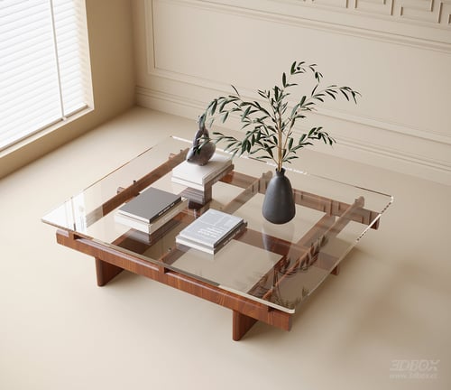 Modern Glass Top Wooden Frame Coffee Table 3D model