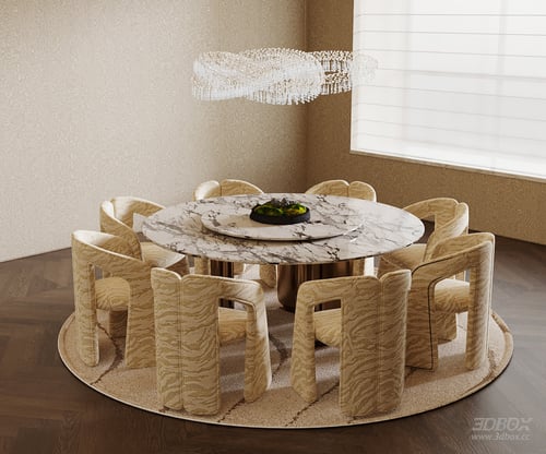 Modern Luxury Marble Round Dining Table and Fabric Chairs Set 3D model