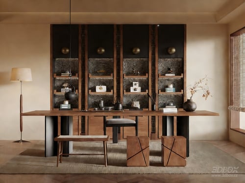 Mid-century New Chinese Style Tea Room Interior 3D model