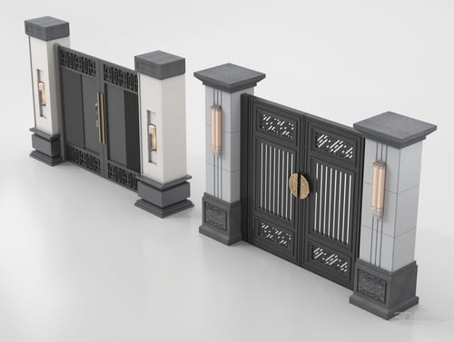 New Chinese Style Villa Wrought Iron Courtyard Gate with Stone Pillars 3D model