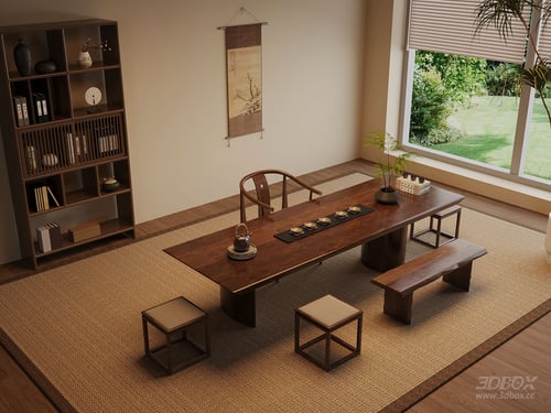 Wabi Sabi Vintage Solid Wood Tea Room Interior Scene 3D model