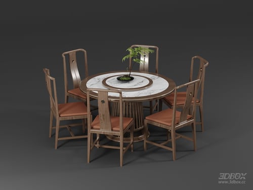 New Chinese Style Round Marble Top Dining Table and Chairs Set 3D model