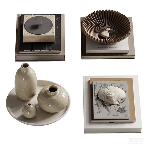 Modern Neutral Decorative Set with Books Vases and Shells 3D model