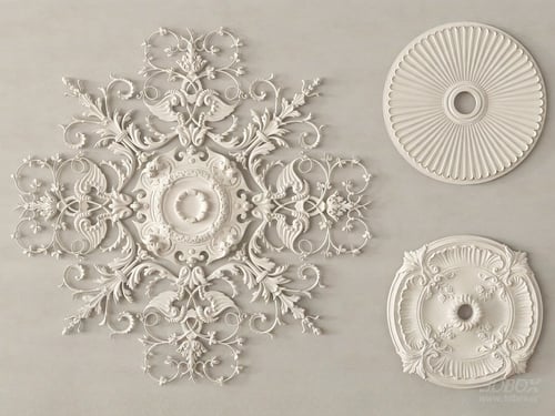 French Style Carved Gypsum Decorative Plaster Ceiling Rosette Set 3D model