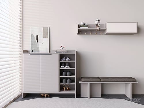 Modern Minimalist Solid Wood Hallway Shoe Cabinet with Bench 3D model
