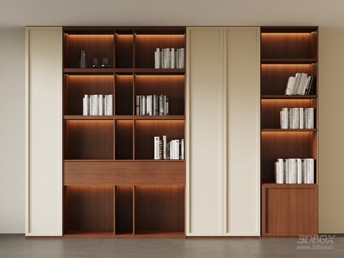 Modern Walnut Wood Display Bookshelf with Built-in Lighting 3D model
