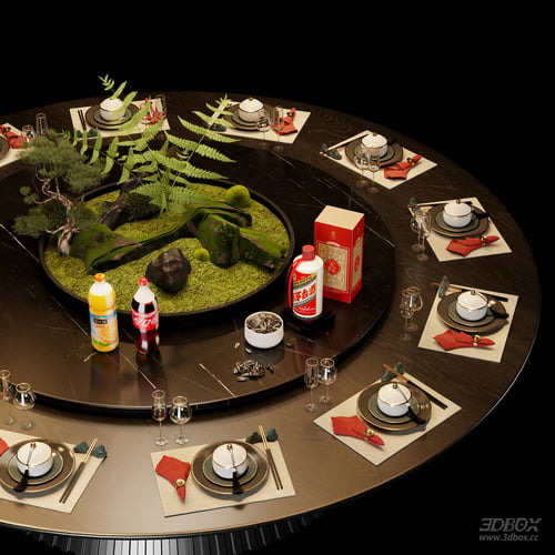 New Chinese Style Round Dining Table Tableware Set 3D model