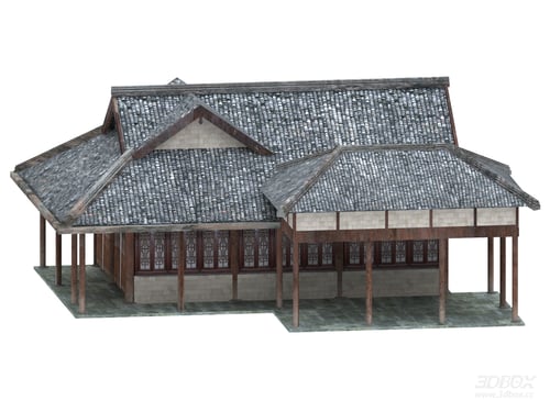 Traditional Chinese Ancient Wooden House With Tiled Roof 3D model