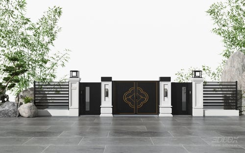 Neoclassical Modern Courtyard Gate and Fence Set 3D model