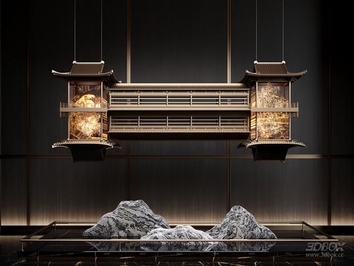 New Chinese Style Art Chandelier with Stone Mountain Decoration 3D model