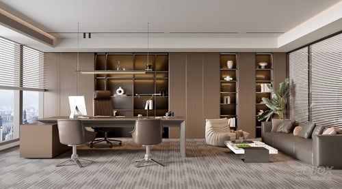 Modern Manager Office with Wooden Bookshelf and Workstation 3D model