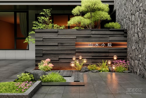 Modern Courtyard Landscape Wall with Green Plants and Stone 3D model