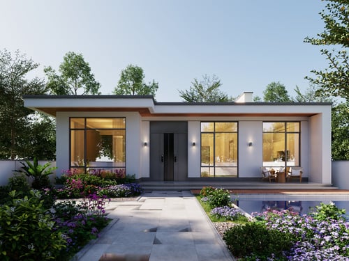 Modern Single Story Villa Exterior With Garden And Pool 3D model